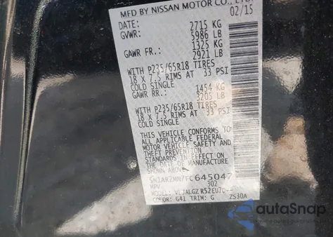 2015 Nissan Pathfinder Sl z USA, uszkodzony, nr VIN 5N1AR2MN7FC645047